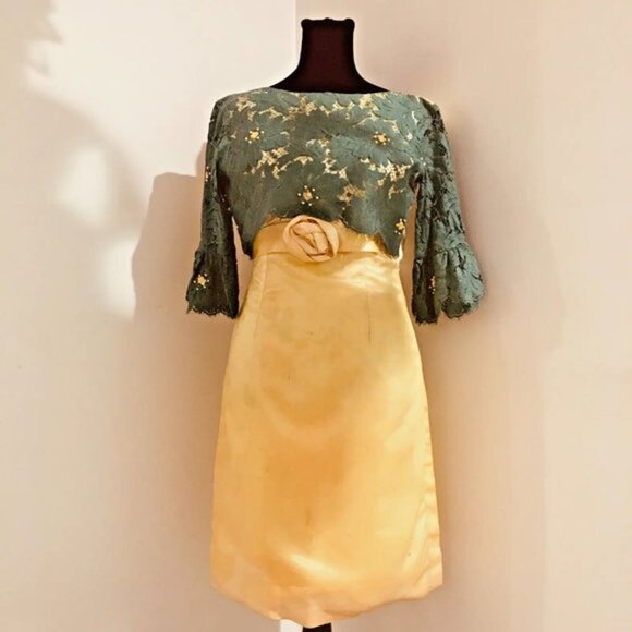 UNBRANDED Hand-Made Vintage 60s Green Lace Yellow Satin Beaded Fitted Dress XXS - Picture 2 of 14